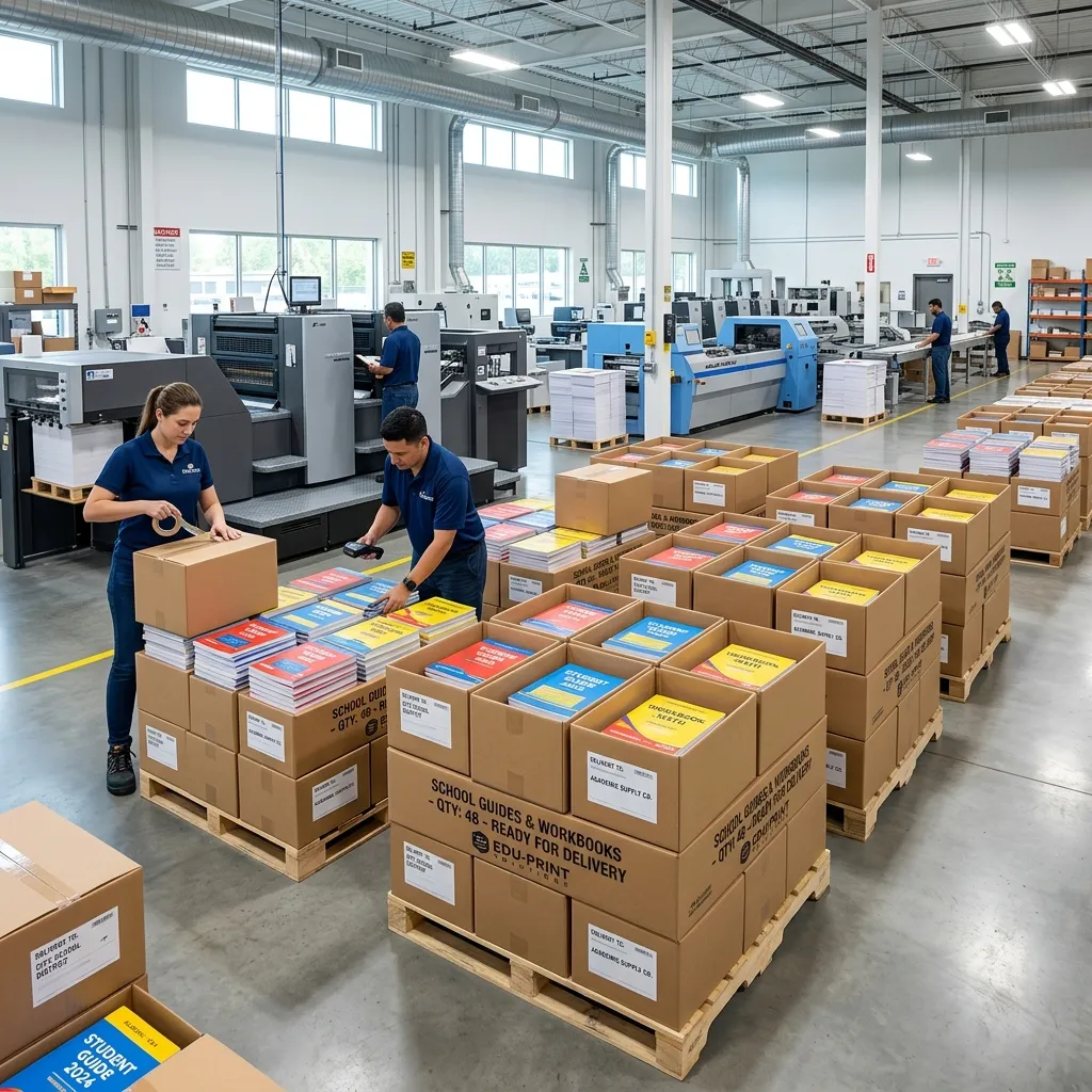 Instalaciones de impresión EDOO con operarios preparando cajas de guías escolares listas para despacho