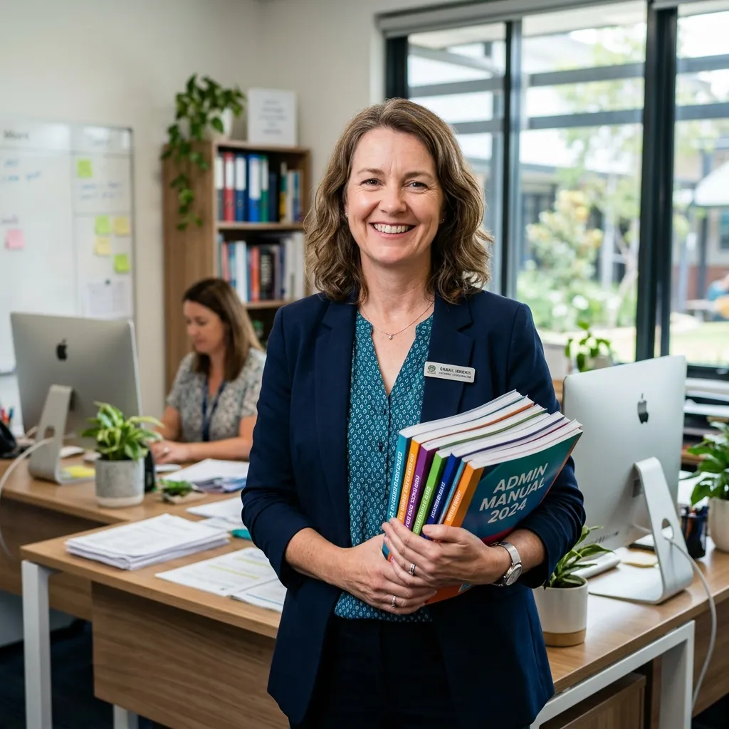 Coordinadora Académica sonriendo feliz con guías y manuales escolares impresos por EDOO
